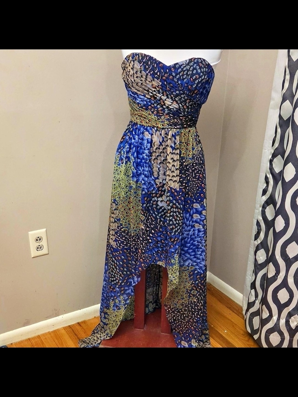 Max & Cleo Strapless High-Low Dress in Blue and Tan Print